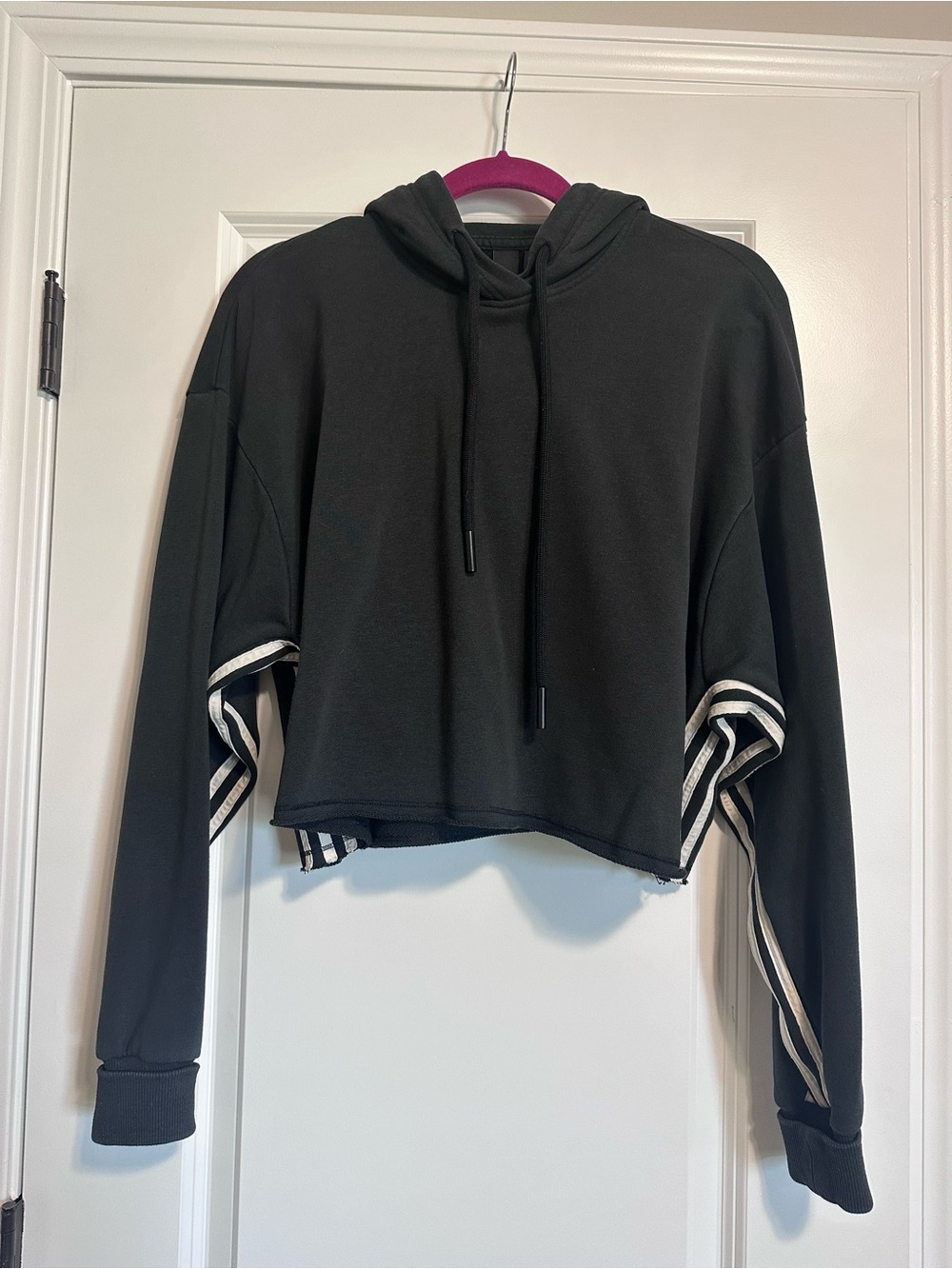 adidas Black Cropped Hoodie with White Striped Sleeve Accents